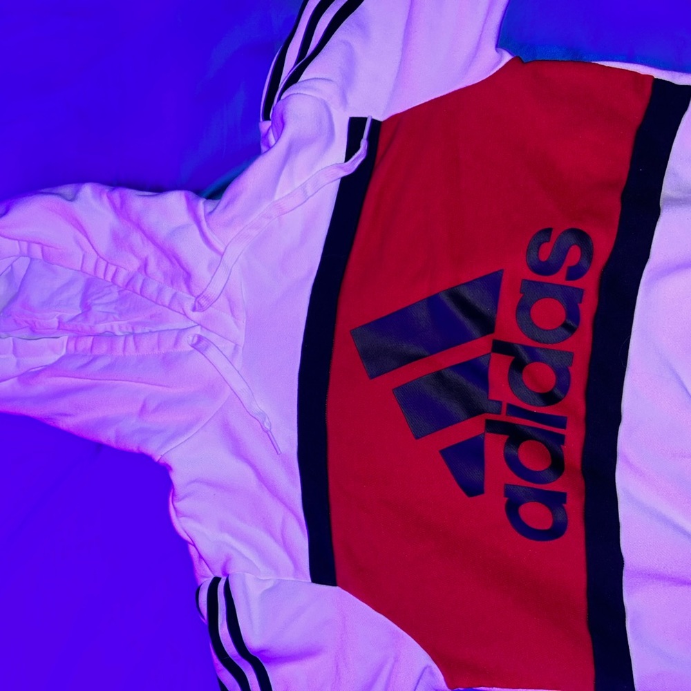 white, and black Adidas Hoodie. Lightly worn, washed before ship.